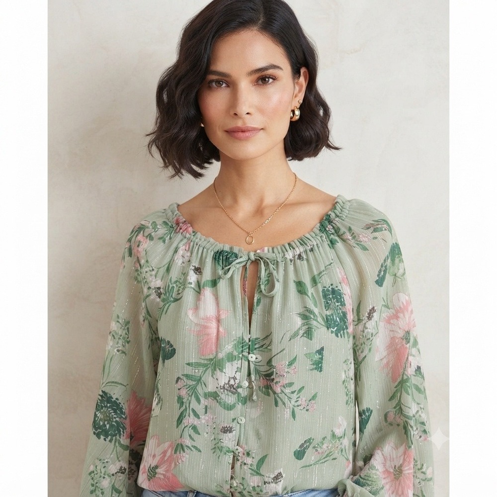 Zara Blouse Womens Small Green Floral Metallic Threading Long Sleeve Boho Top